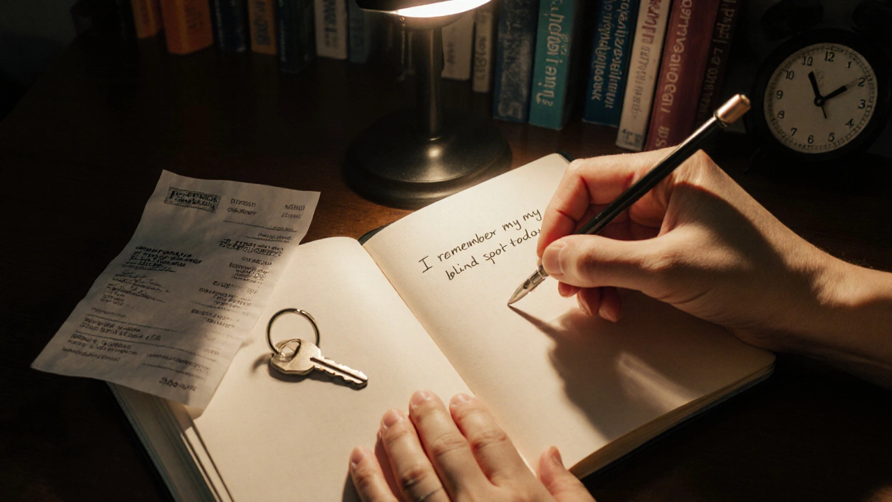 Hand writing in journal beside car key and test receipt under warm lamp light.