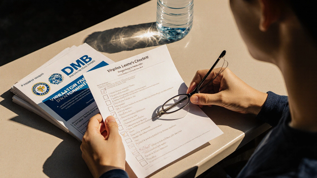 Hands holding learner&#039;s permit and checklist with official DMV manuals nearby