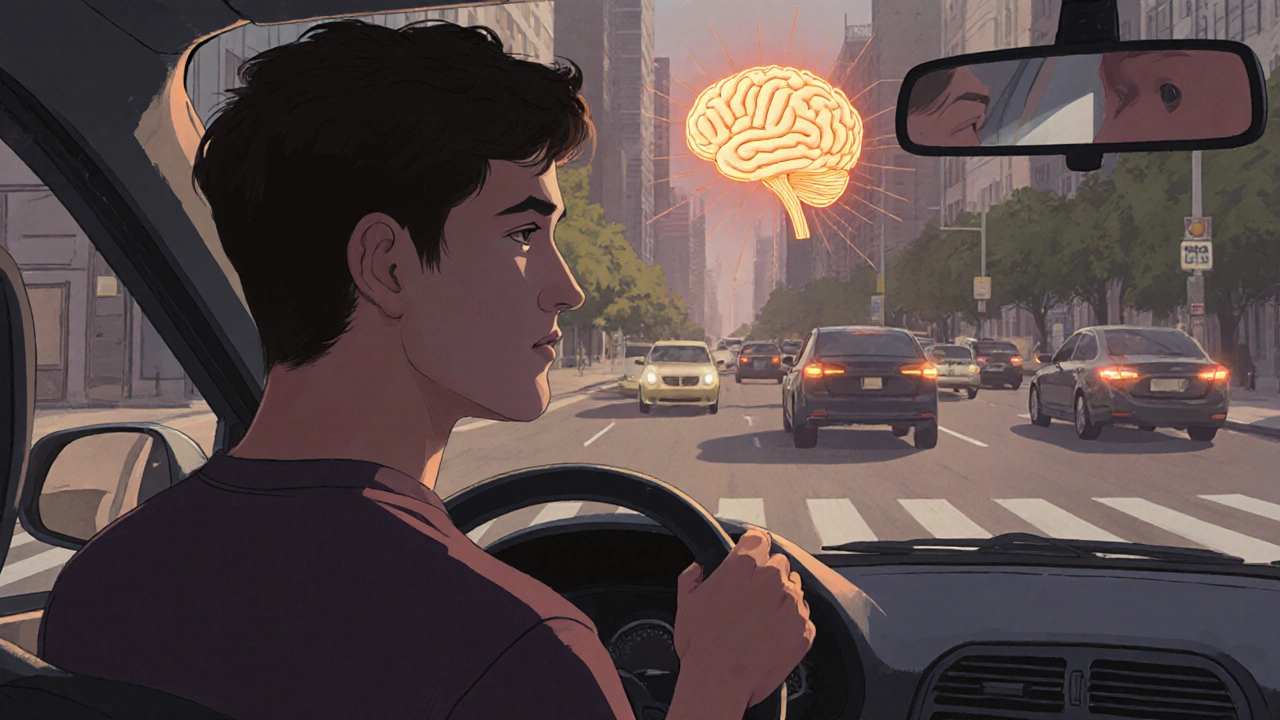 Late 20s driver calmly navigating rush hour traffic with focused expression.