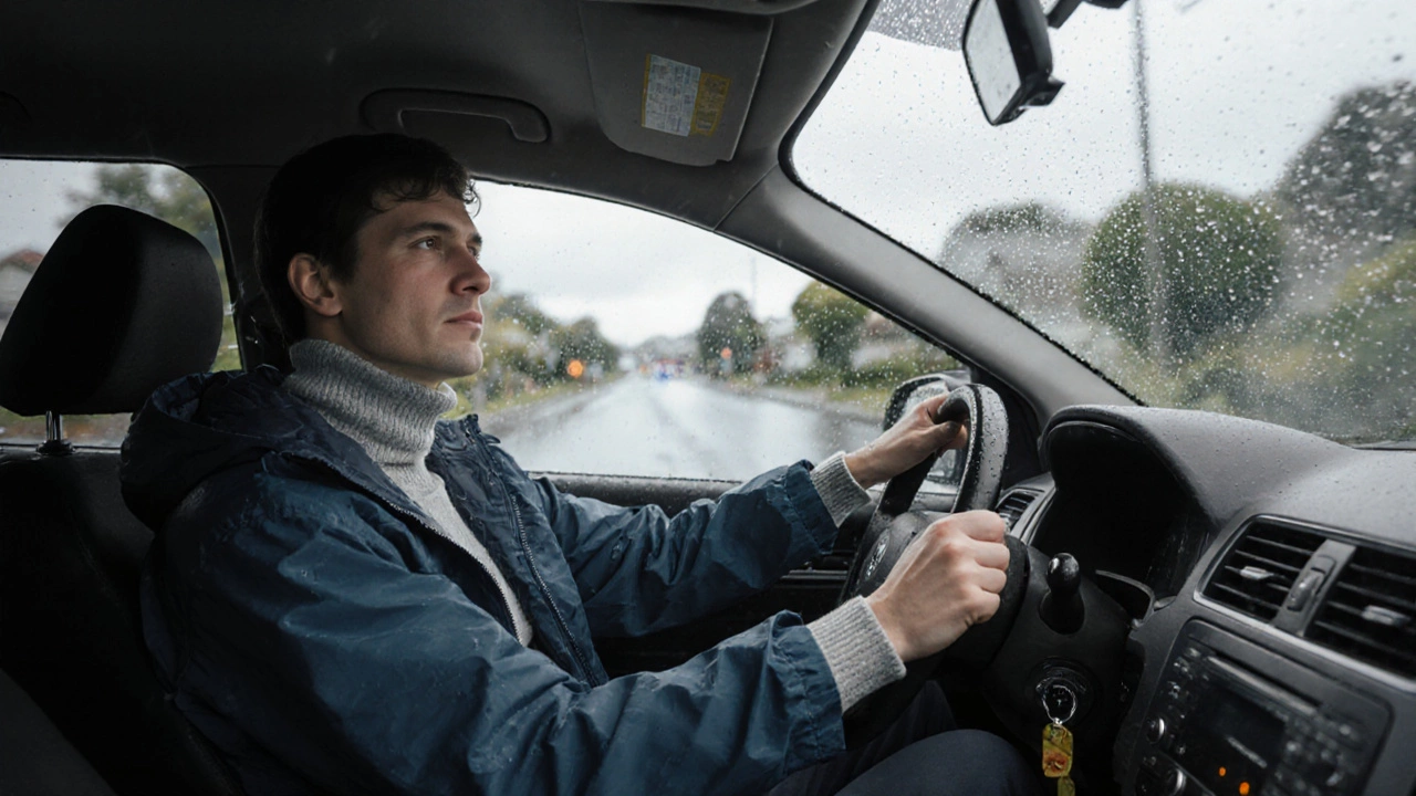 Learner in layered clothing checking blind spot during a rainy driving lesson.