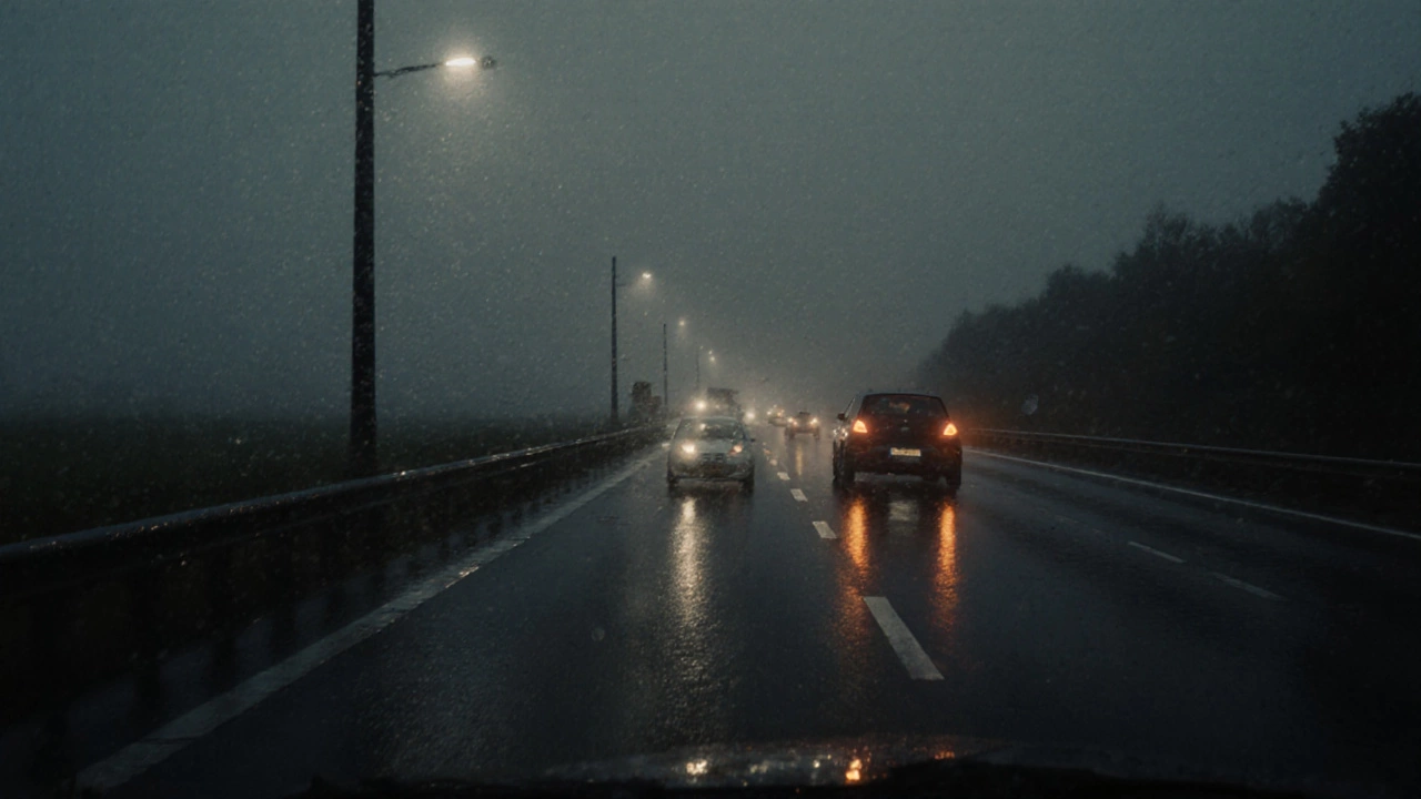 Nighttime driving on a wet road with fog, showing proper following distance under poor conditions.