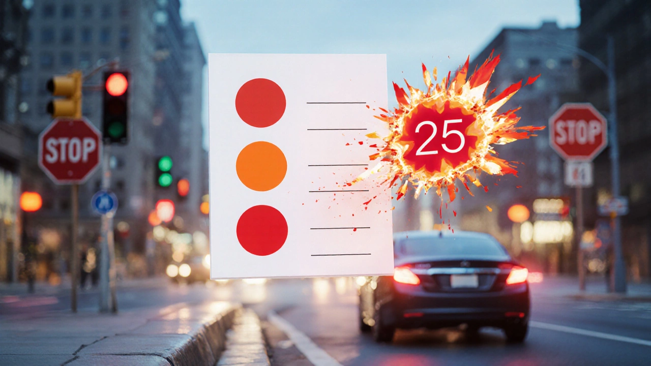 Scorecard showing minor, serious, and critical driving errors with exploding 25-point failure symbol.