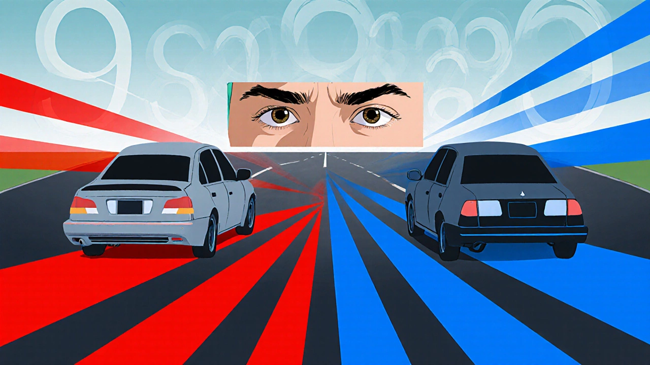Split visual comparing dangerous tailgating versus safe following distance with symbolic safety lines.