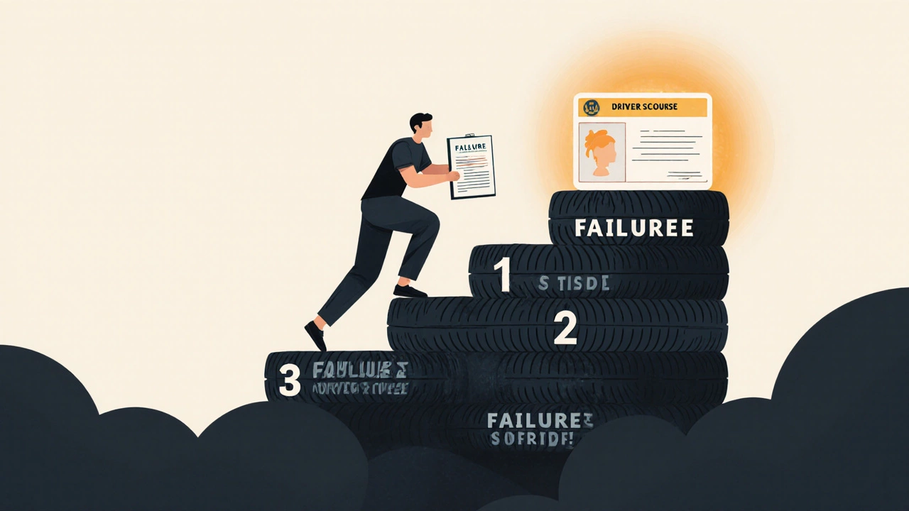 Staircase of tires leading to driver&#039;s license, person climbing with education certificate, symbolic journey.