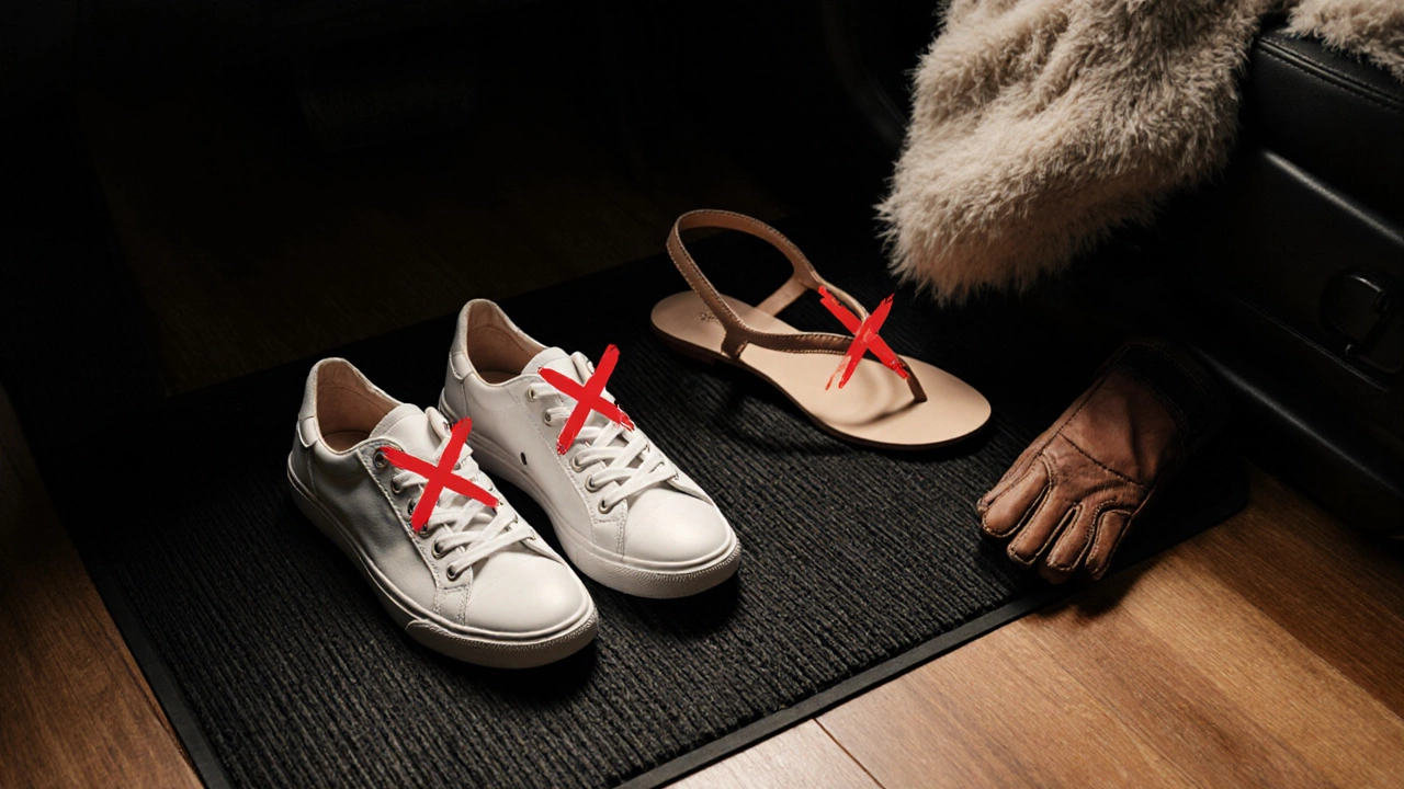 Three shoes on car mat: sneakers approved, flip-flops and heels marked with Xs.