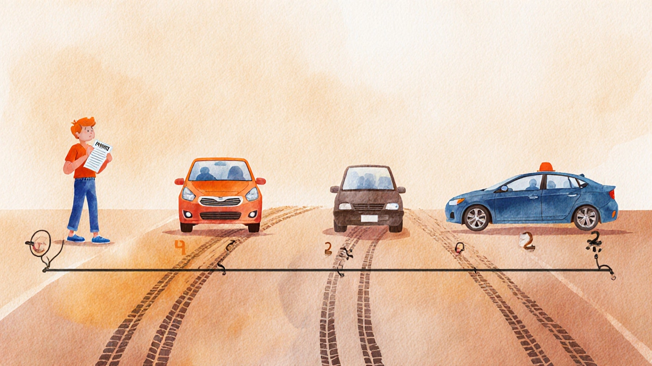 Timeline of a learner’s progress through driving school, shown as tire tracks and scenes.