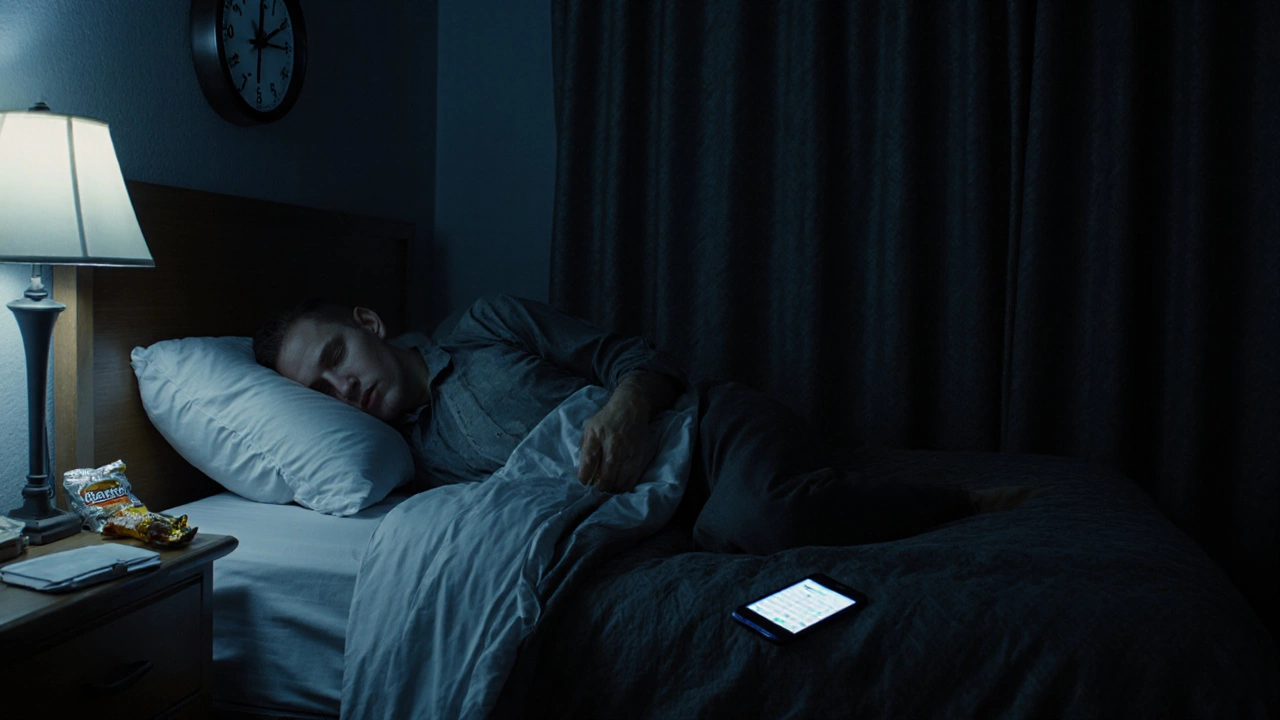 Trucker sleeping in a dark motel room during daytime, clock showing 3:17 PM, phone with fatigue app nearby.