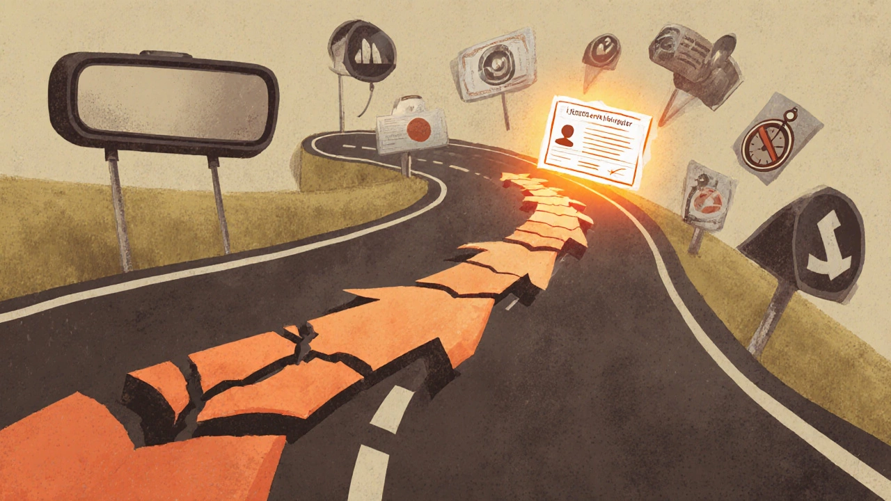 Winding road with failed test arrows leading to a glowing license in distance.