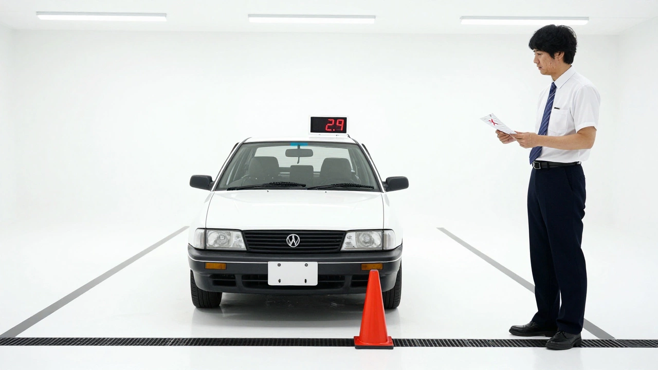 A driver in Japan stops precisely at a line, examiner observing, fluorescent lighting, tension in the air.