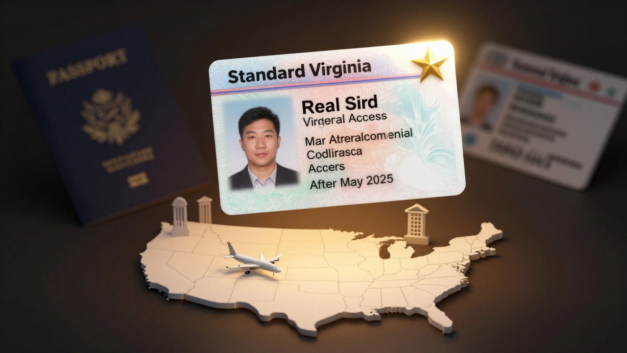 A standard driver&#039;s license turning into a Real ID with a gold star above a map of the U.S.