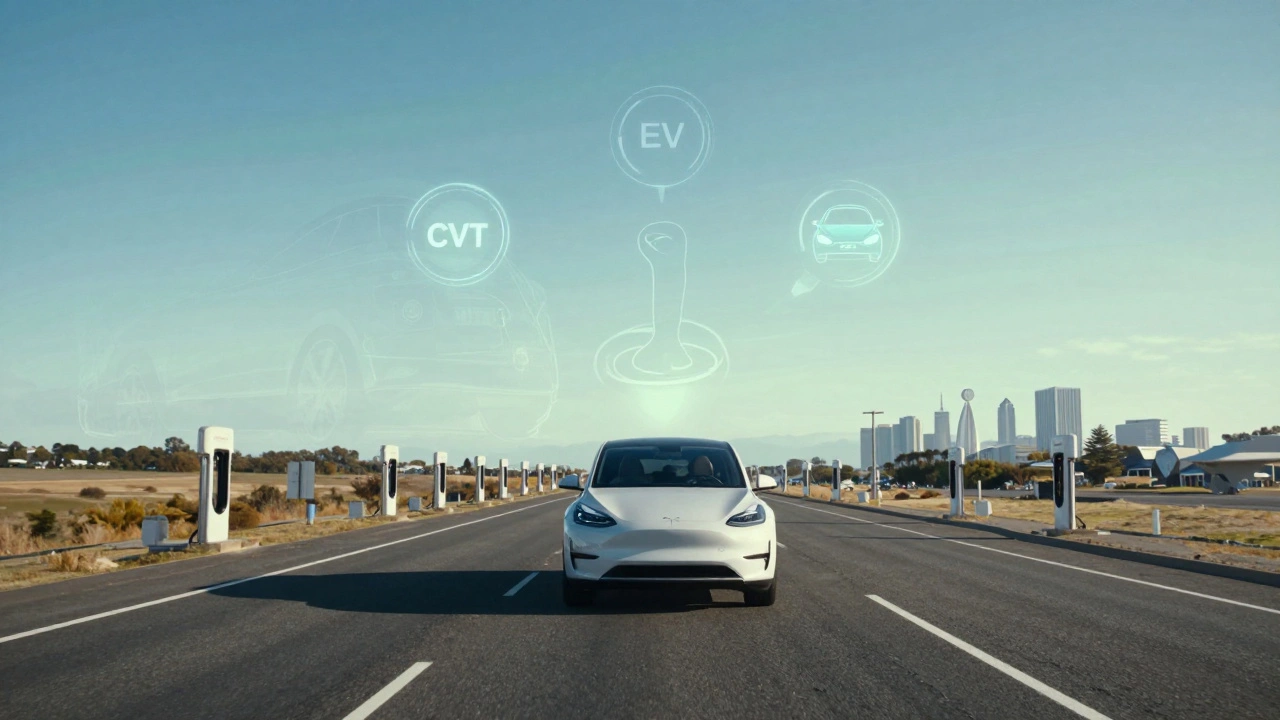 An automatic car driving toward a sustainable future with electric charging stations and fading manual gear shift.