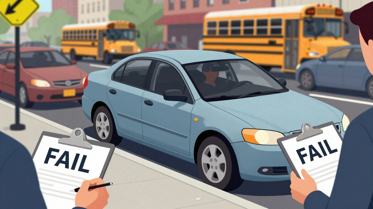 Car parallel parking in tight NYC space with one tire touching curb, examiner ready to mark failure, urban background blurred.