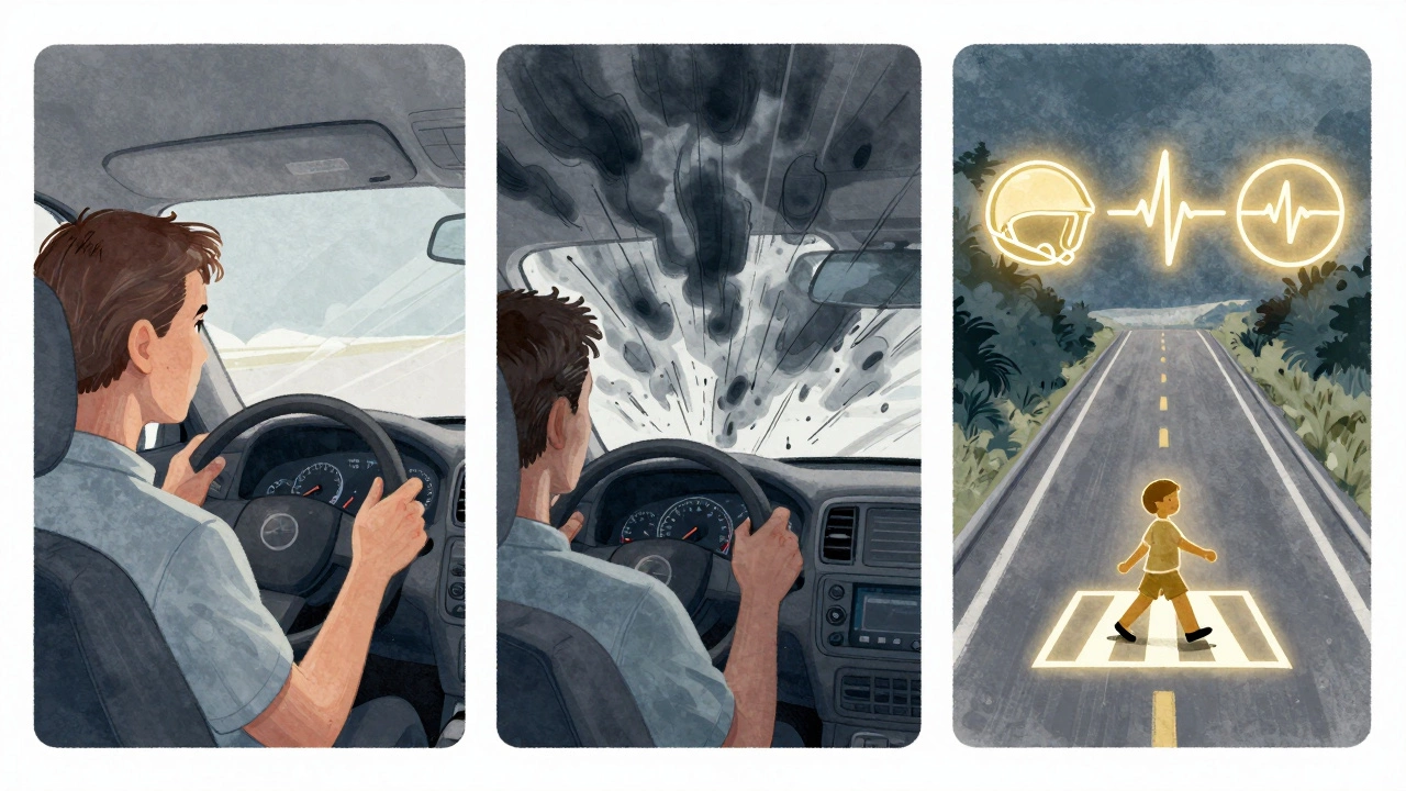 Conceptual split image showing a driver’s calm focus, panic, and safety outcome during a tough driving test.