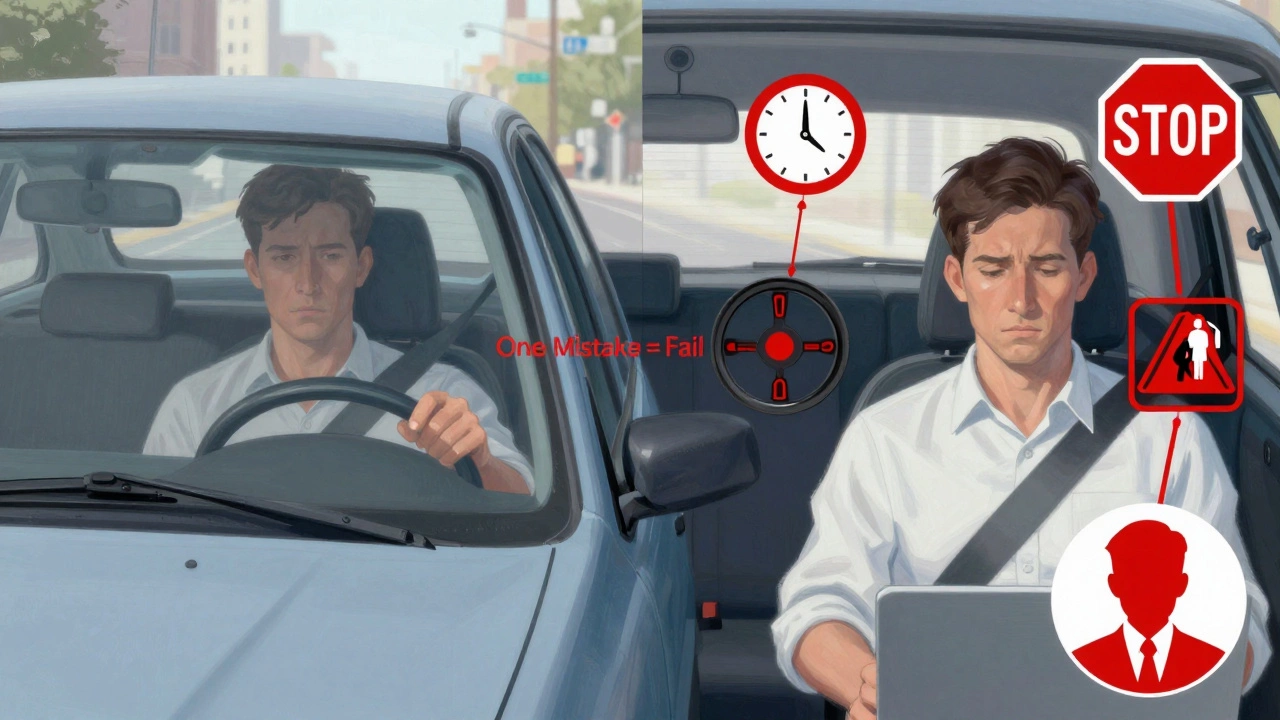 Conceptual split-screen of driver surrounded by failure icons: stop signs, blind spots, crosswalks, and silent examiner gaze.
