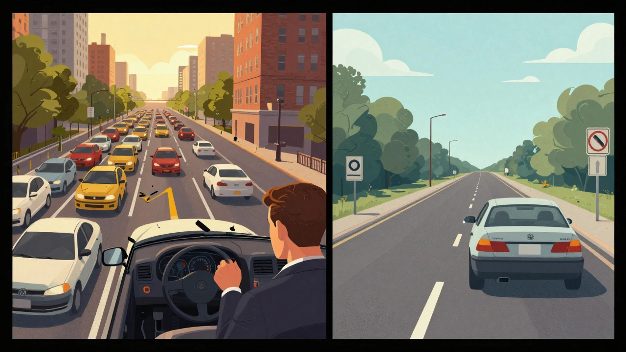 Contrasting driving test environments: calm Ohio road versus busy New York urban test with parallel parking.