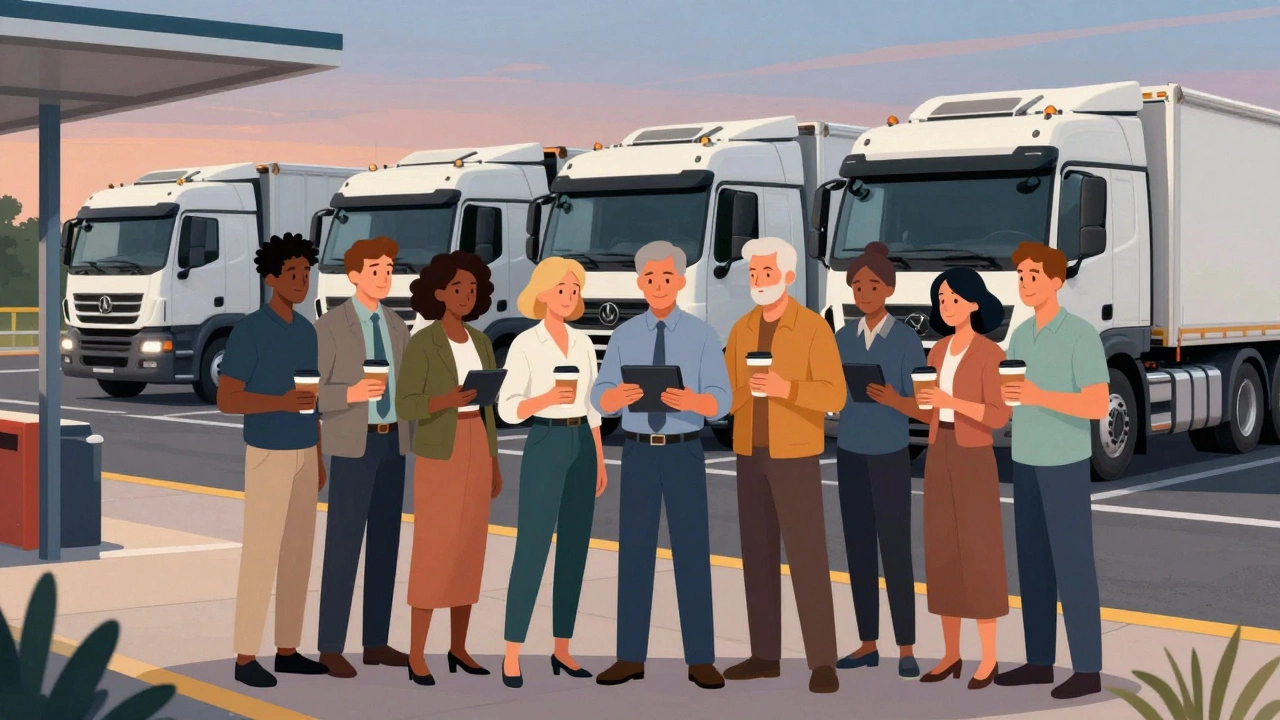 Diverse group of HGV drivers resting together at a roadside stop.