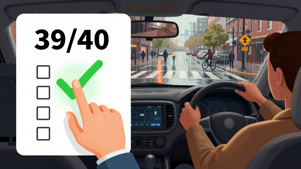 Driver confidently navigating a city intersection with traffic signs visible