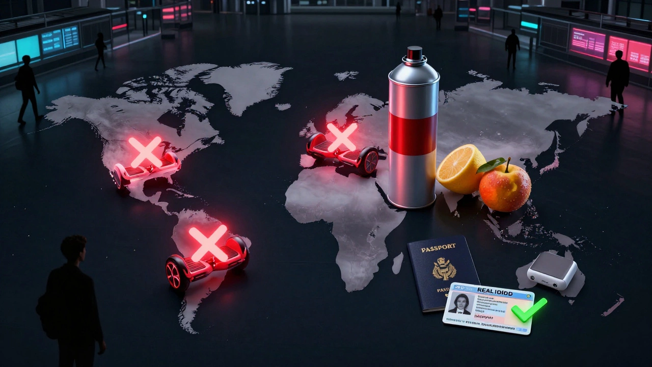 Global map highlighting banned and permitted items for air travel in 2024.