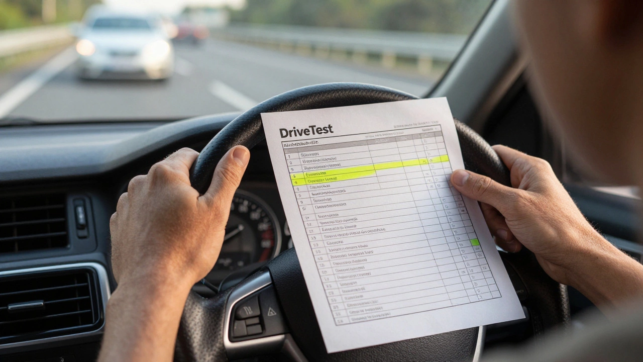Hands holding steering wheel and driving checklist under golden hour light.