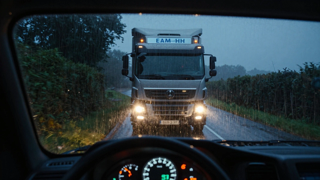 Nighttime HGV driver on a rainy rural road, dashboard lights glowing.