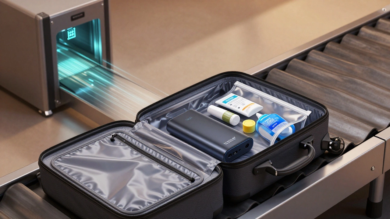 Open carry-on bag with compliant power bank and toiletries, scanned by advanced airport technology.