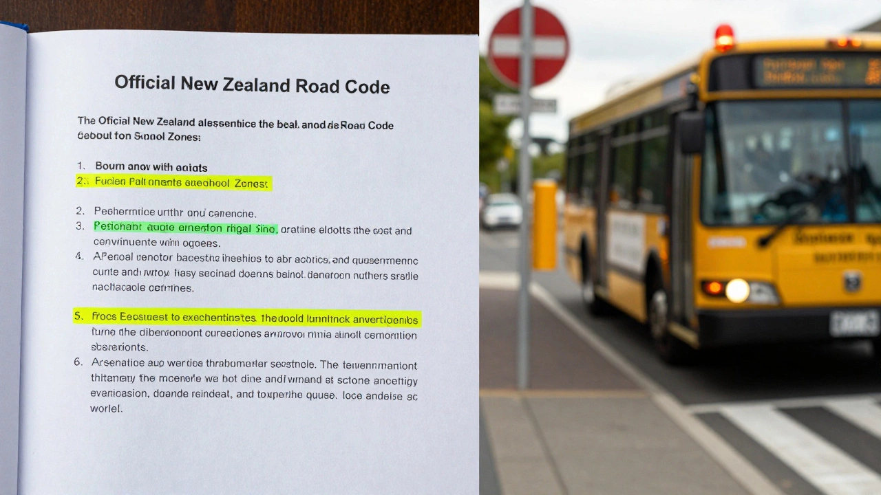 Open Road Code book next to a bus stopping at a crosswalk, illustrating real-world driving scenarios.
