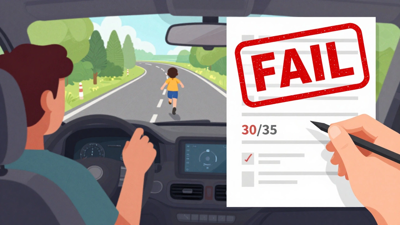 Split image: one side shows a driver spotting a hazard, the other shows a failed test result with 30 correct answers.