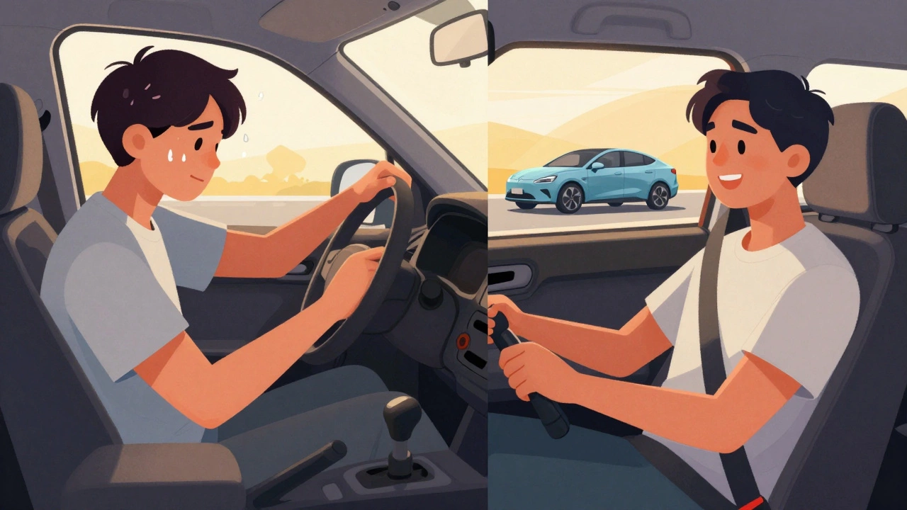Split image: stressed manual driver vs. relaxed automatic driver, symbolizing the shift in driving trends.