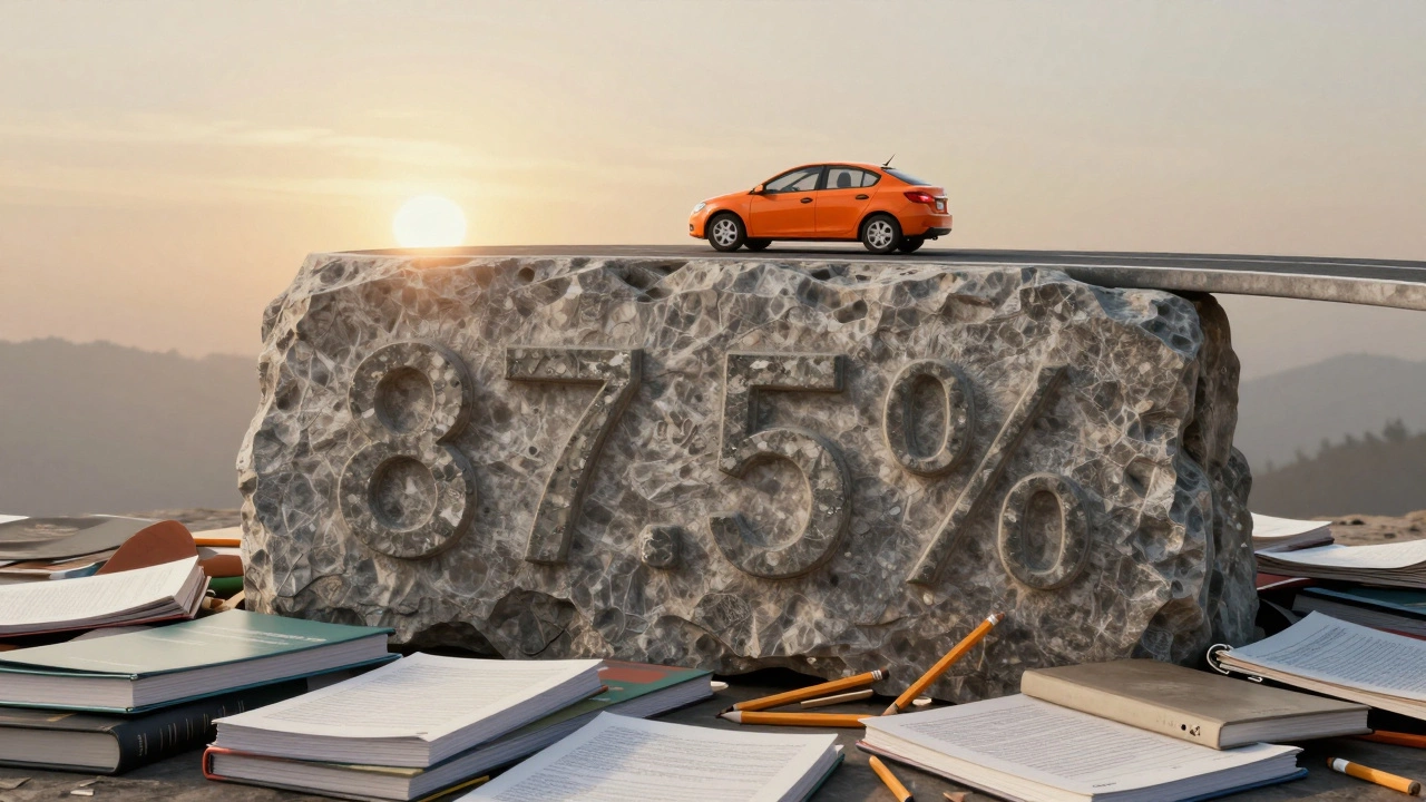 Stone foundation labeled 87.5% with a car driving on a road above it