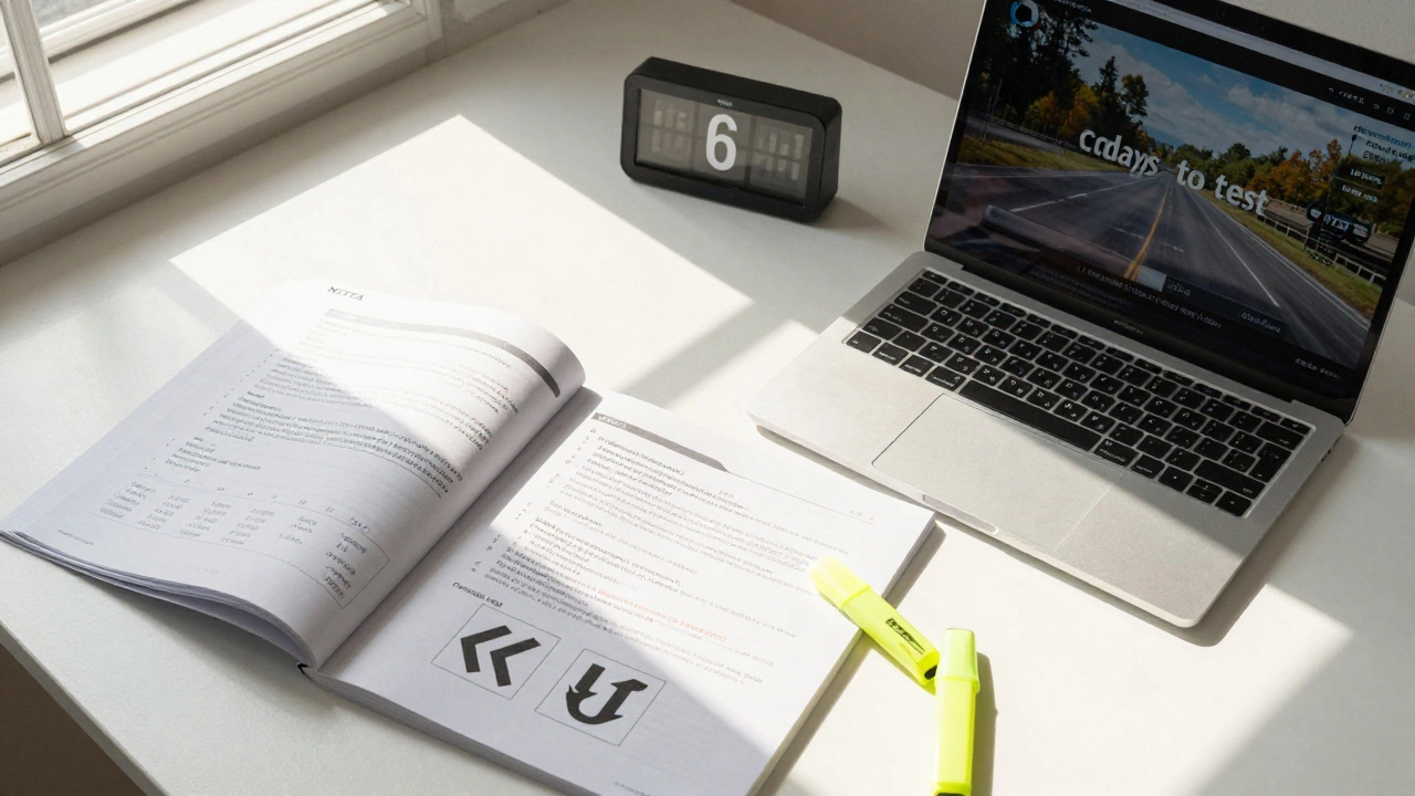 Study desk with NZTA practice materials, hazard videos on laptop, and highlighted road signs under morning light.
