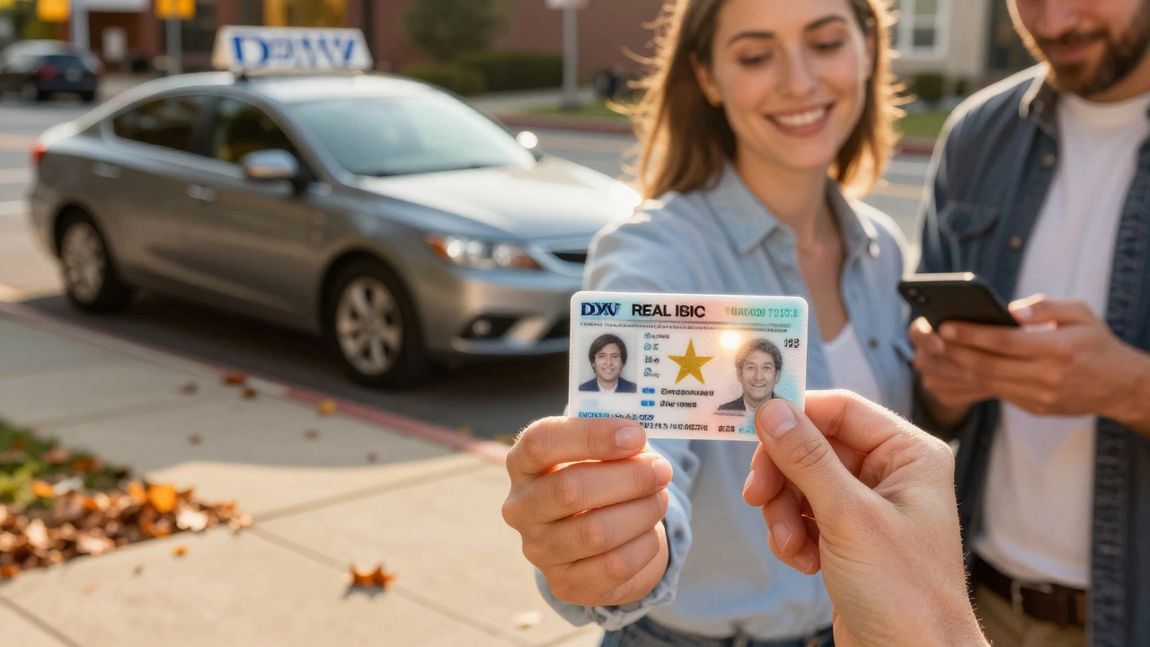 Woman holding her new Real ID card outside a DMV office in golden sunlight.