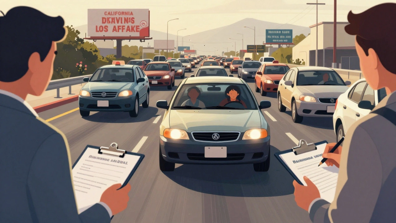Young driver in California performs a lane change with head check during rush hour, examiner observing from passenger seat.