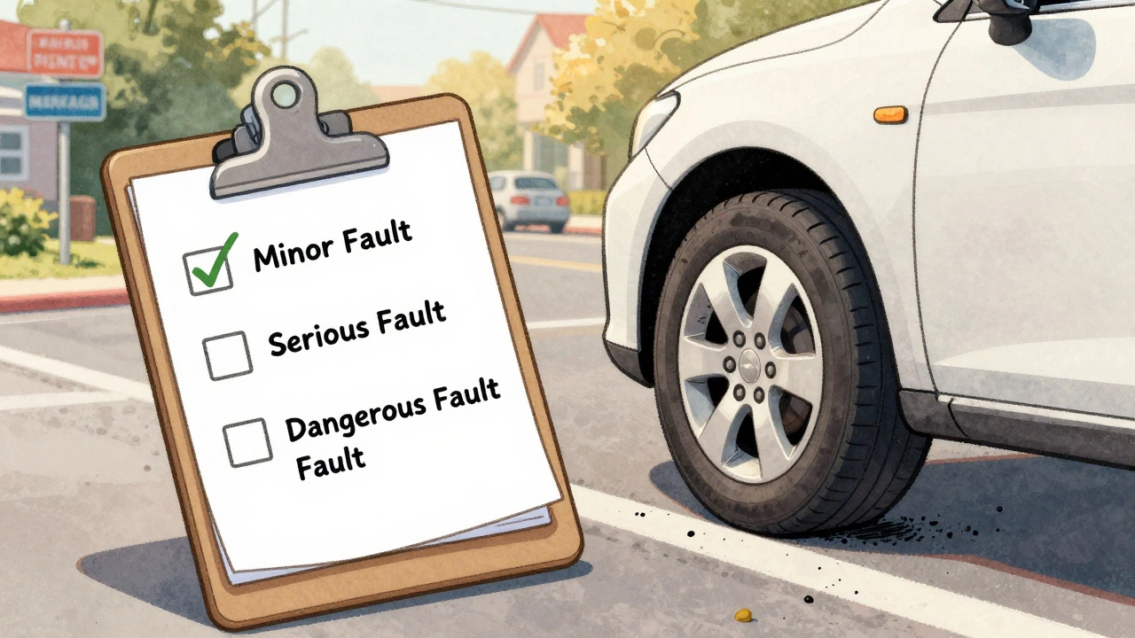 A driving examiner's checklist shows a minor fault marked for curb contact, with no serious or dangerous faults.