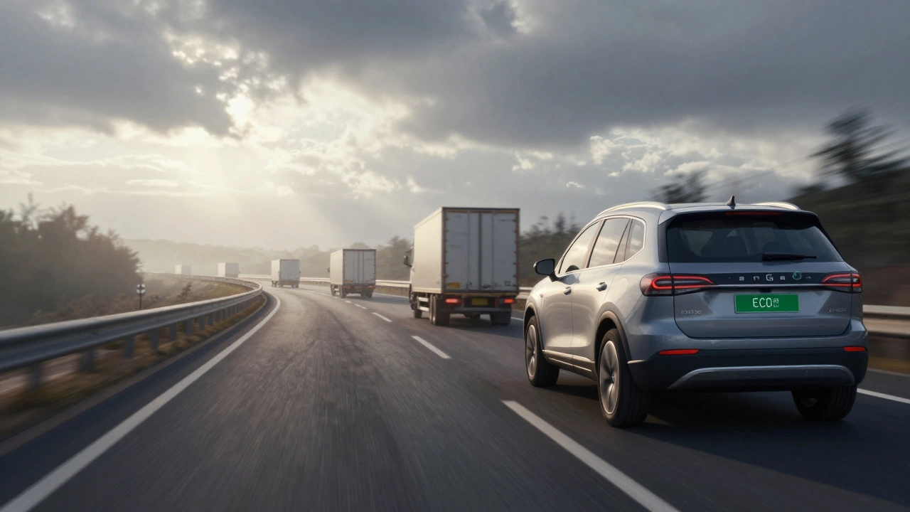 Car cruising on a highway in Eco mode under overcast skies, passing trucks with misty surroundings and soft sunlight.