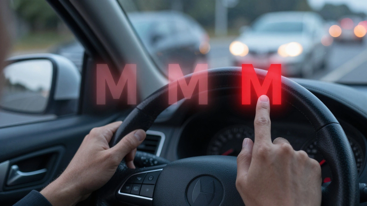 Driver's hands on steering wheel with translucent red 'M' forming from repeated mirror-check motions.