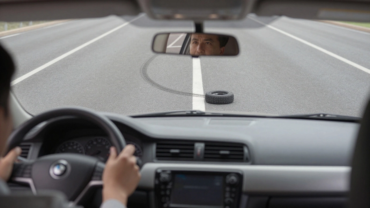 Driver's view during parallel parking with front wheel just 20cm from the curb, calm and controlled.