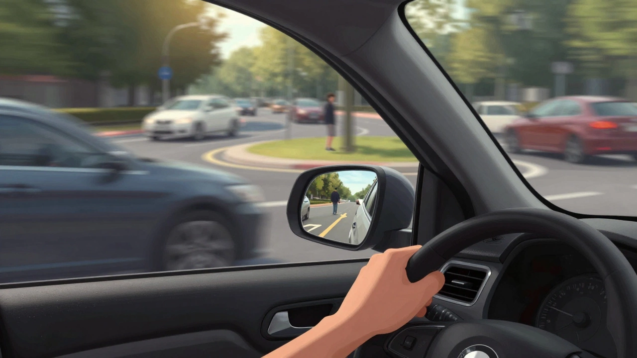 Driver's view in roundabout, accelerating dangerously while pedestrian waits to cross.