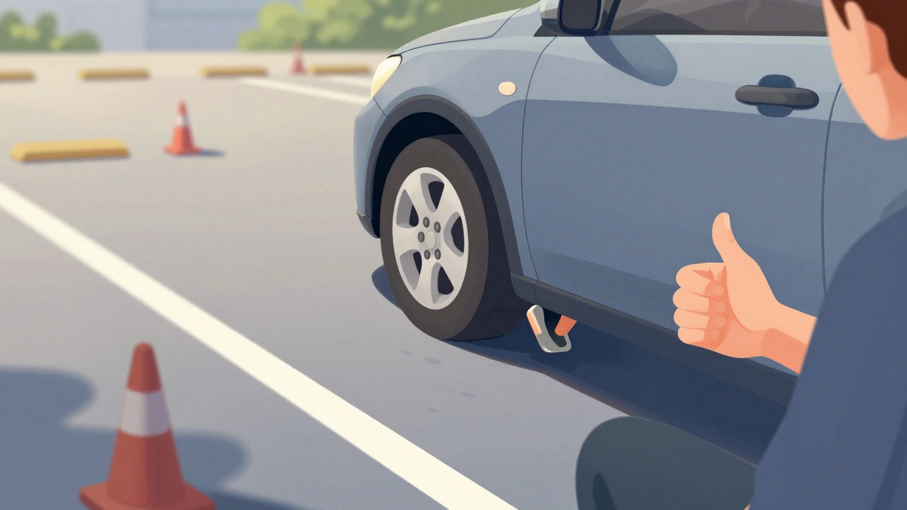 Driver practicing gentle brake and accelerator control in empty parking lot with cones.