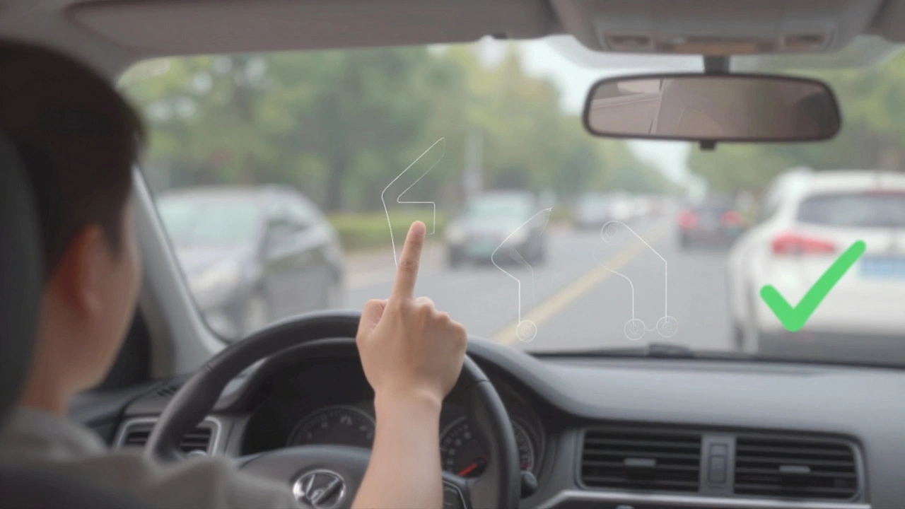 Driver’s view inside a car confidently completing a roundabout with visual cues showing mirror checks and signaling.