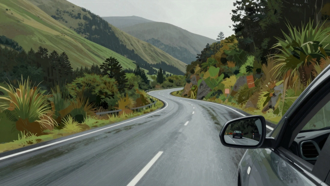 Driver smoothly navigating a steep, winding New Zealand road with hills and school zone signs, rain-slicked pavement reflecting soft daylight.