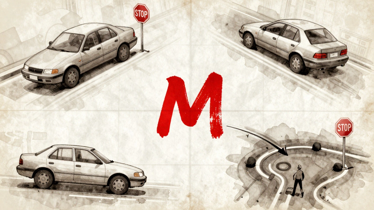 Driving test fault report with three red 'M' marks and symbolic images of dangerous driving errors.