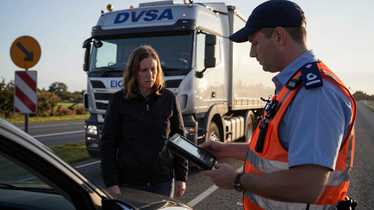 DVSA officer using card reader to check HGV tachograph data during roadside inspection