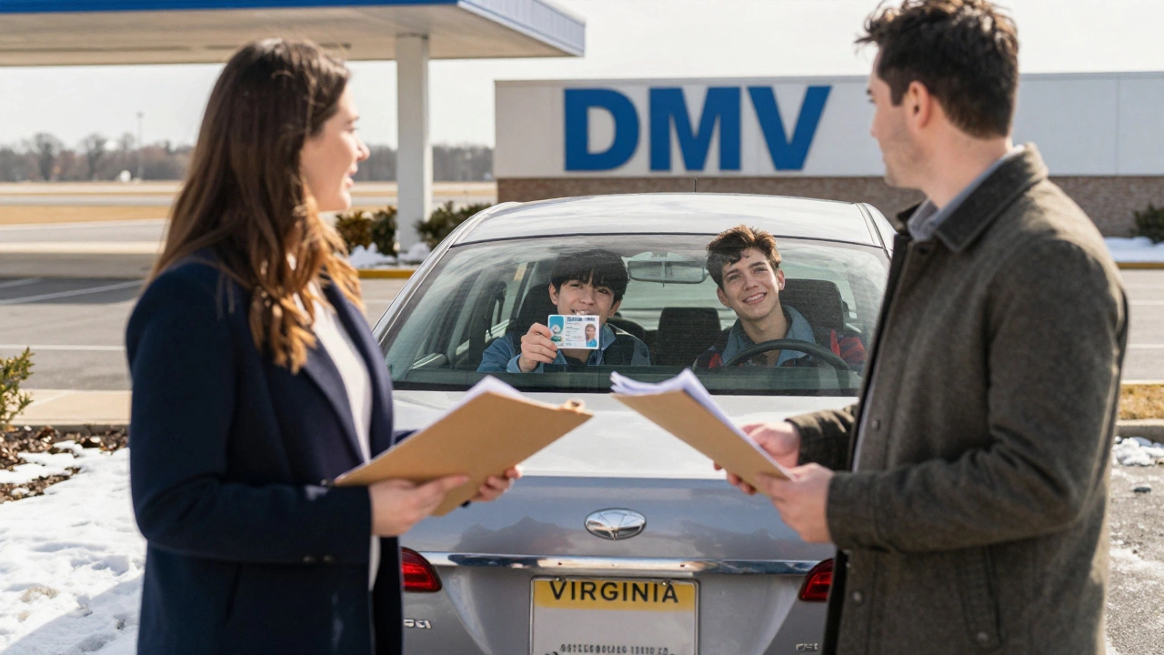 Family leaving DMV with new REAL ID, teen holding card, car parked outside in early spring.