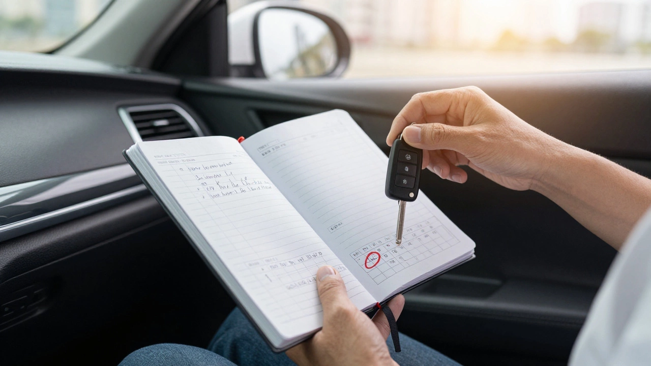 Hands holding car key and driving log notebook with 147 hours marked on car seat.