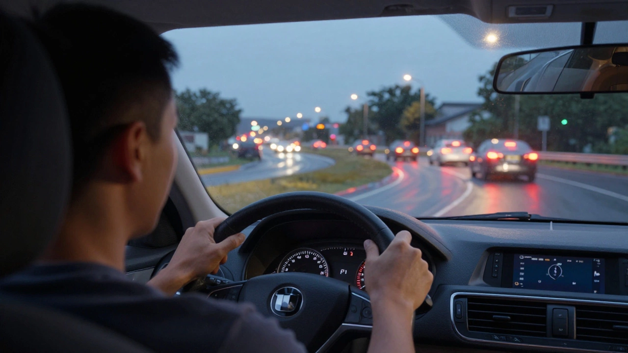 New driver smoothly navigating a roundabout at dusk with glowing tail lights and wet road.
