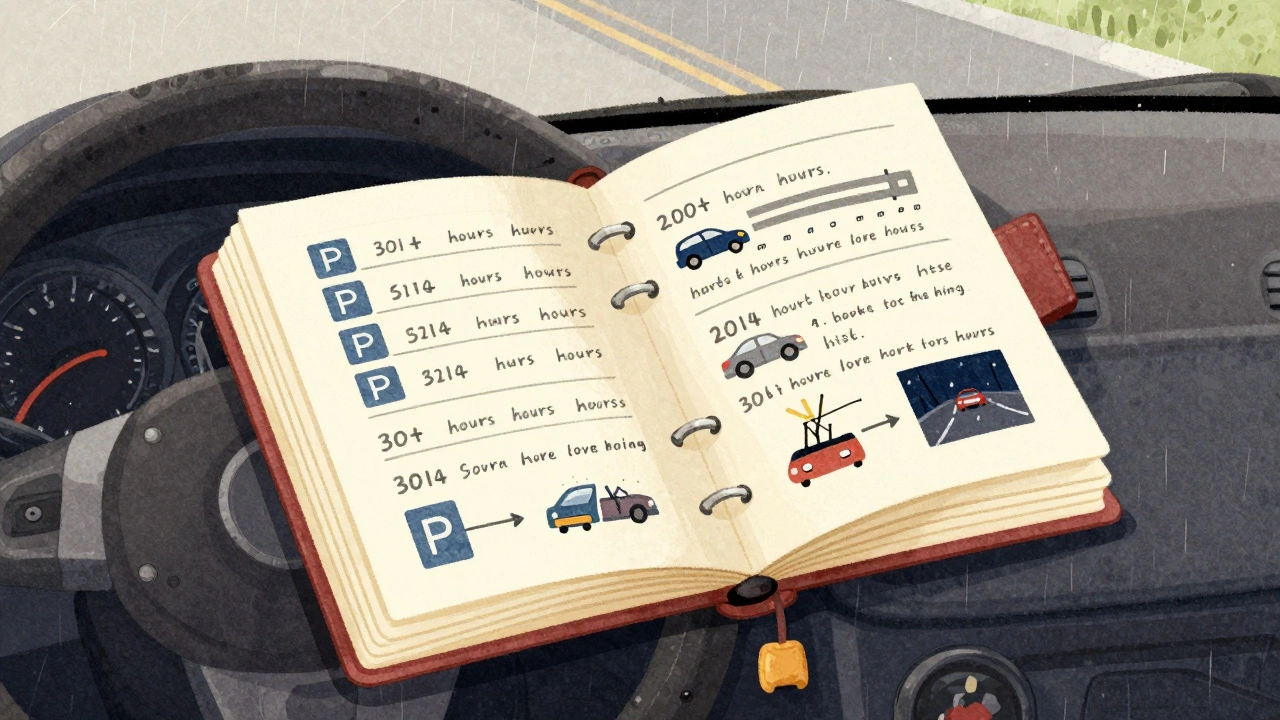 Open driving logbook on dashboard with handwritten lesson entries and driving skill icons.