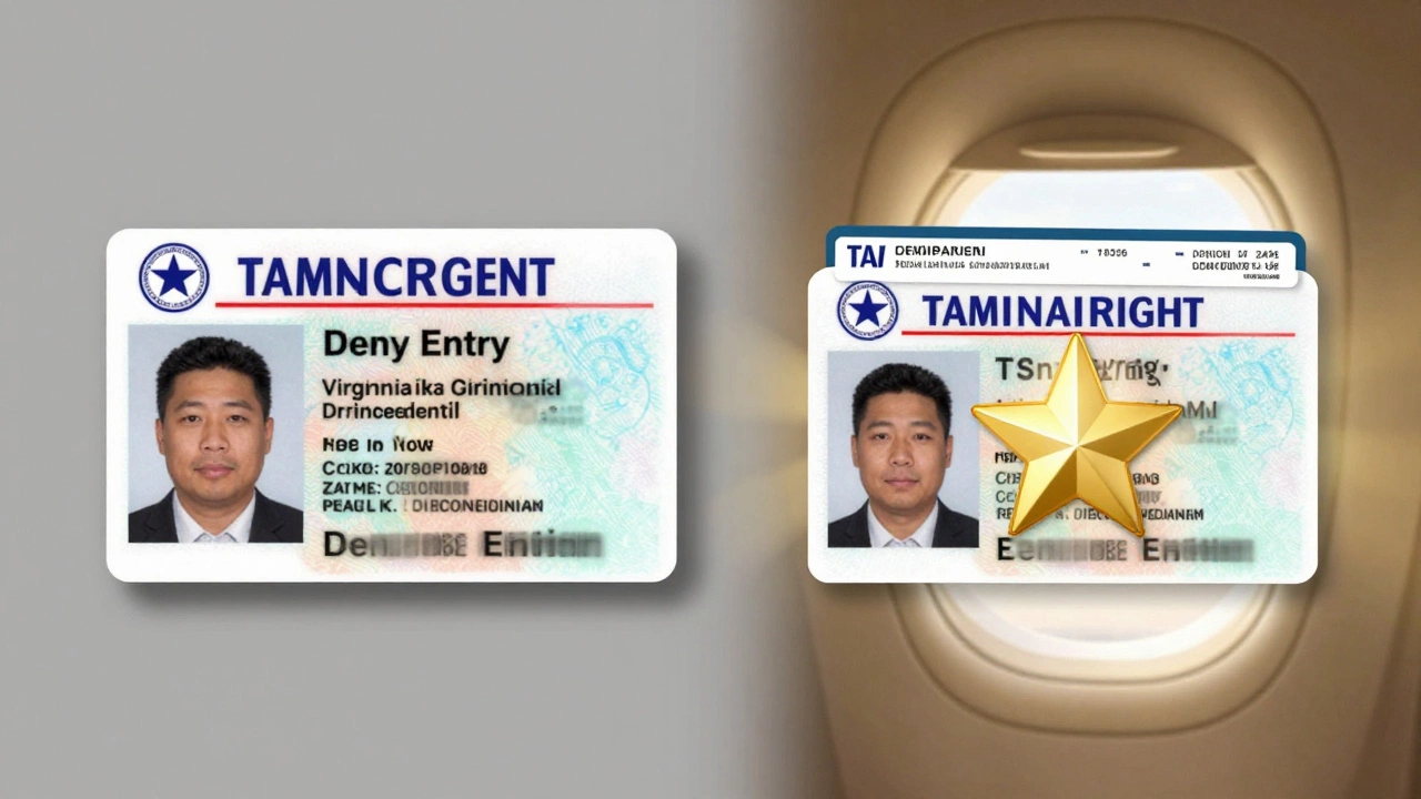 Split image contrasting standard license denied at airport versus REAL ID accepted for flight.