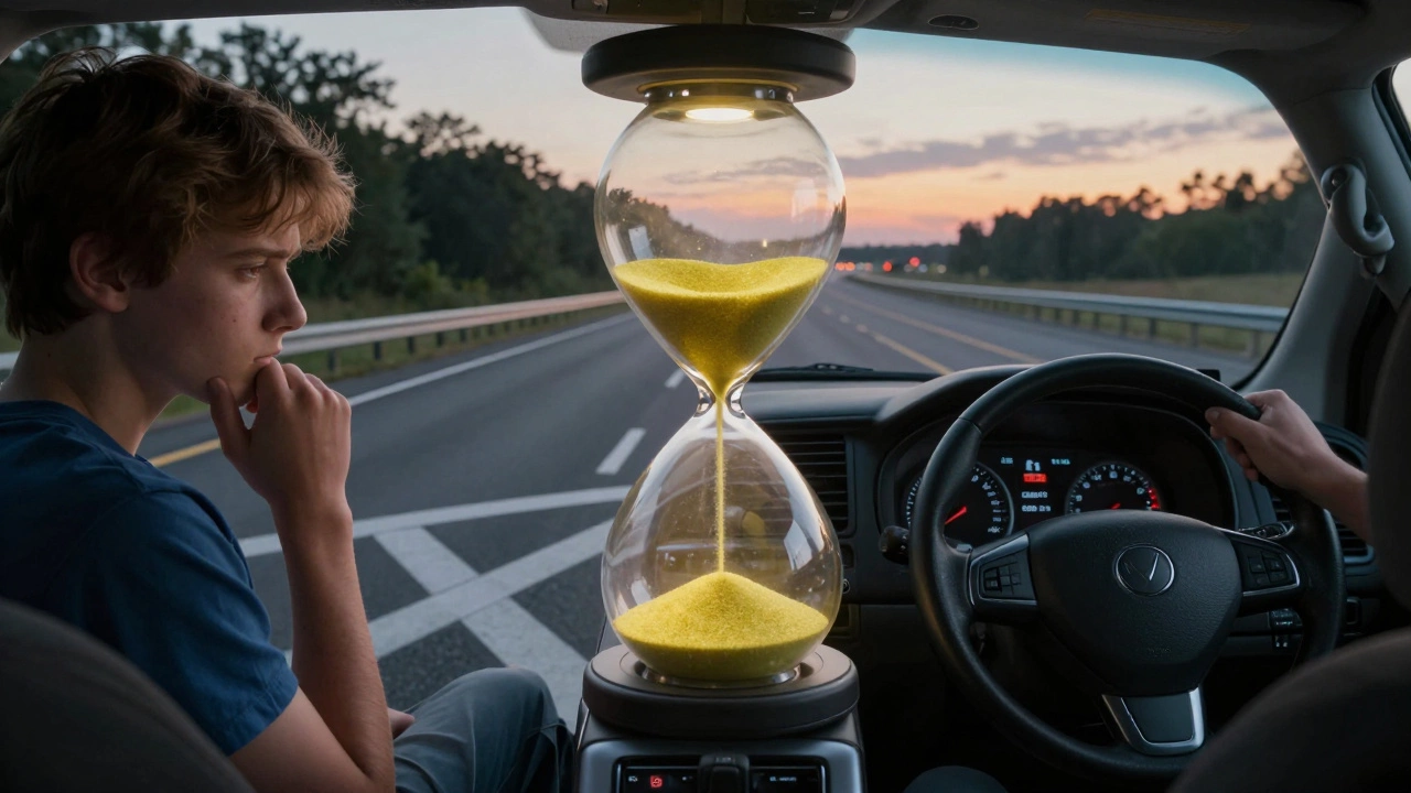 Split road showing nervous beginner vs confident driver with 40+ hours of instruction.