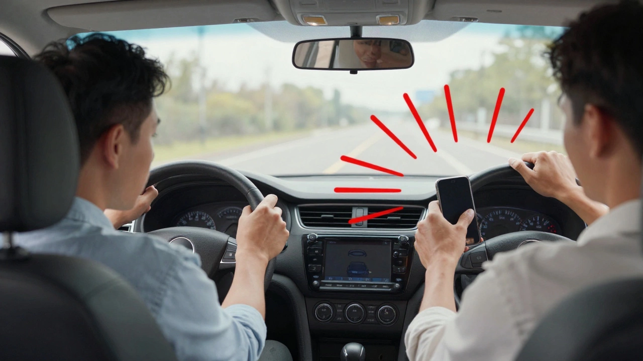 Split-screen comparison: safe driver vs. reactive driver with warning signs of severe driving.