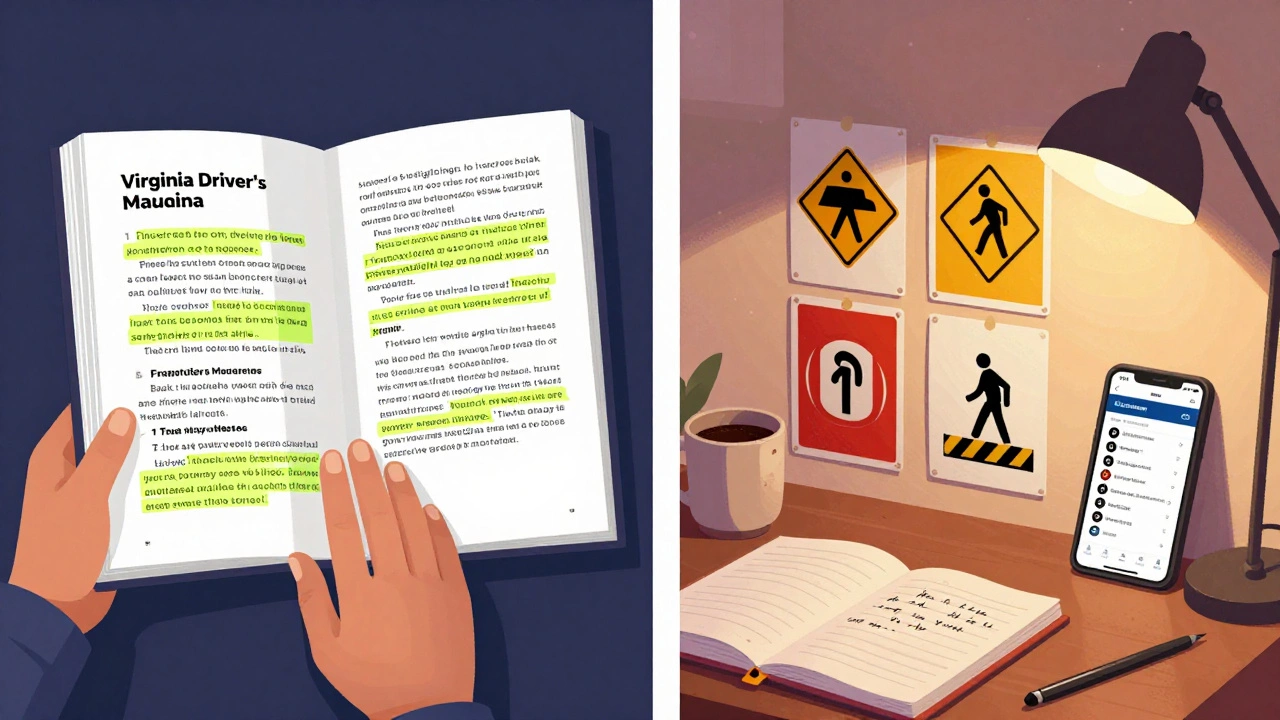 Study space with Virginia Driver's Manual, flashcards of road signs, and practice test app on phone.
